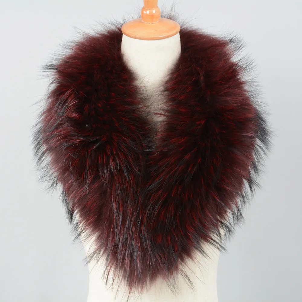 Women's Magnetic Genuine Raccoon Fur Scarf  Winter Warm Wine Red Collar