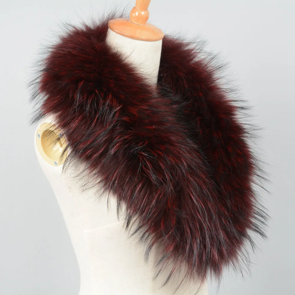 Women's Magnetic Genuine Raccoon Fur Scarf  Winter Warm Wine Red Collar