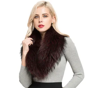 Women's Magnetic Genuine Raccoon Fur Scarf  Winter Warm Wine Red Collar