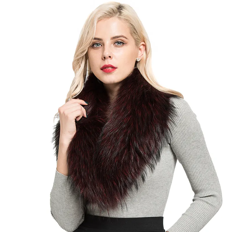 Women's Magnetic Genuine Raccoon Fur Scarf  Winter Warm Wine Red Collar