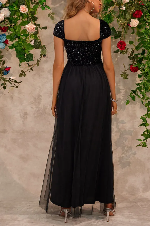 Women's Mesh Embellished Sequin Detail Square Neck Slit Dress
