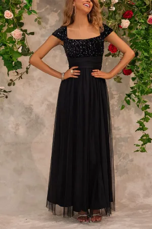 Women's Mesh Embellished Sequin Detail Square Neck Slit Dress