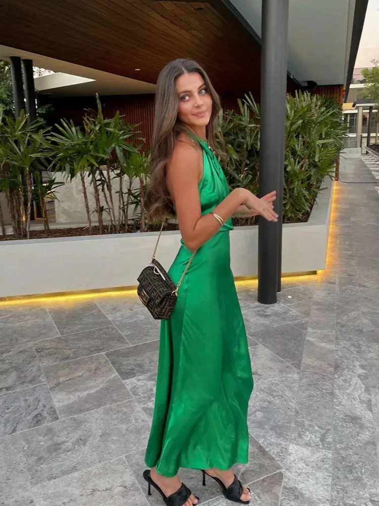 Women's Party Sexy Chest Wrap Backless Bandage Halter Long Dress Clubwear Evening Elegant Satin Dresses