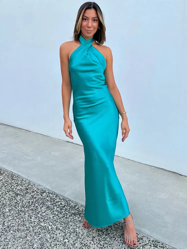 Women's Party Sexy Chest Wrap Backless Bandage Halter Long Dress Clubwear Evening Elegant Satin Dresses