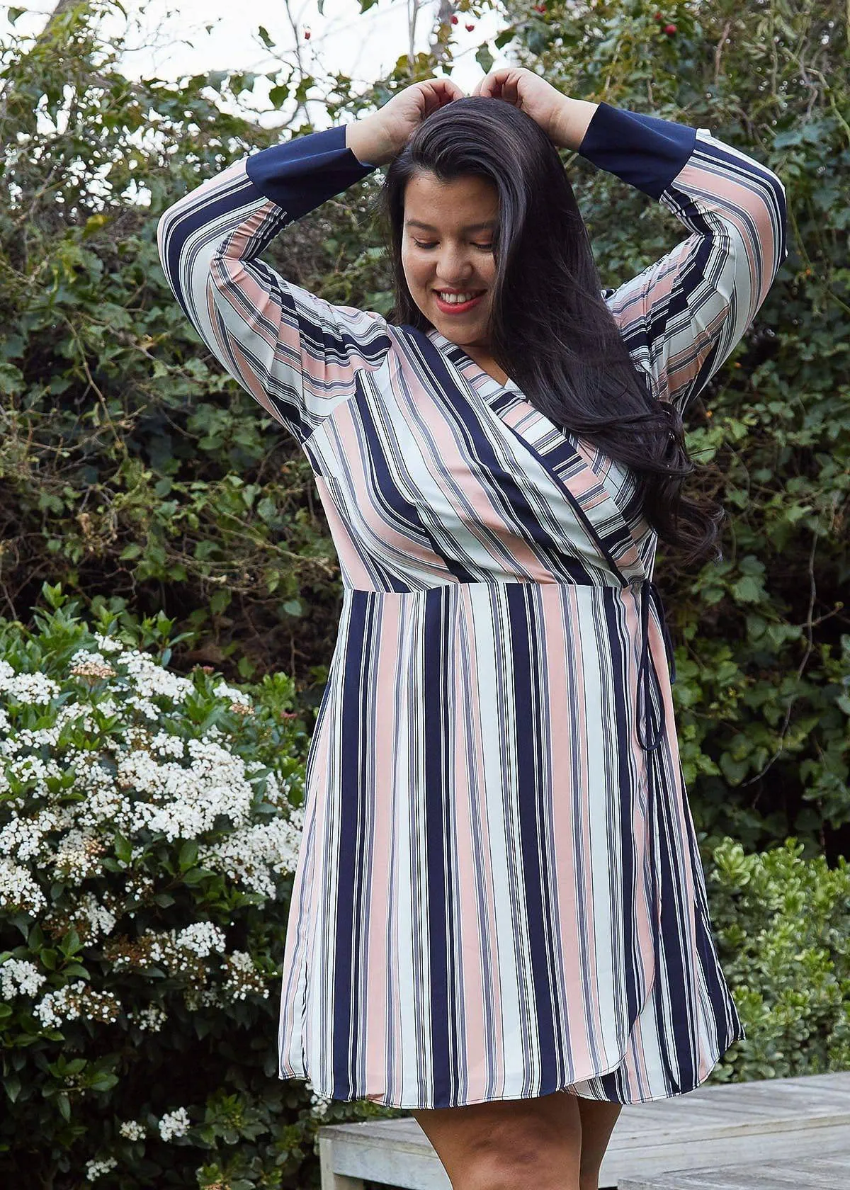 Women's Plus Size Printed Wrap Dress With Cuff Binding in Multi