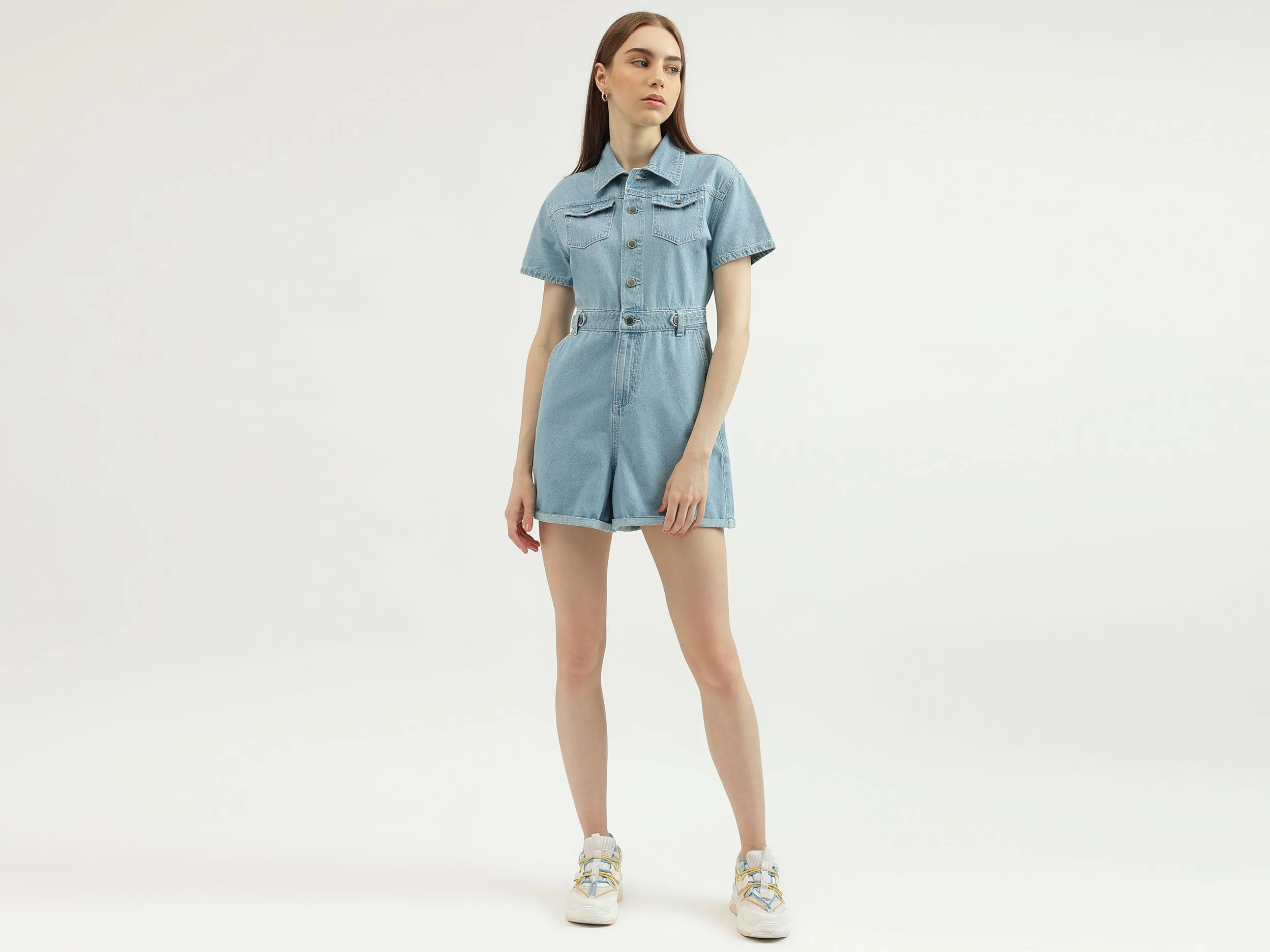 Women's Regular Fit Spread Collar Solid Romper