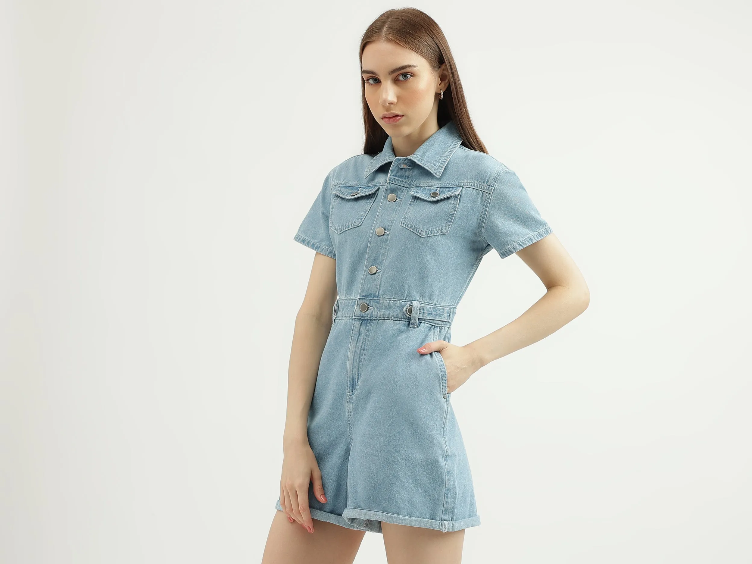 Women's Regular Fit Spread Collar Solid Romper