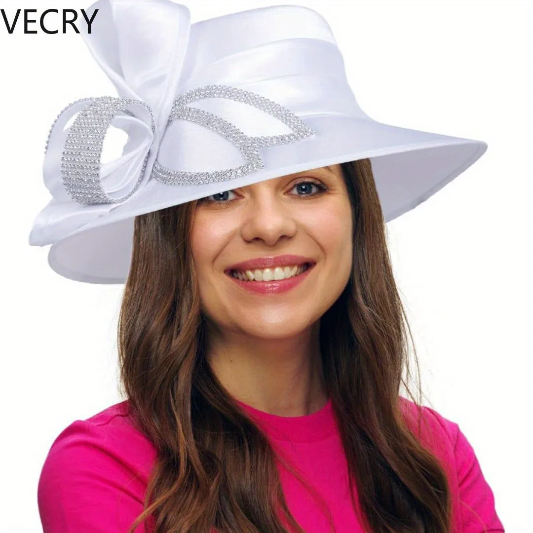 Women's Satin Church Derby Hat with Rhinestones – Elegant Headwear for Special Occasions