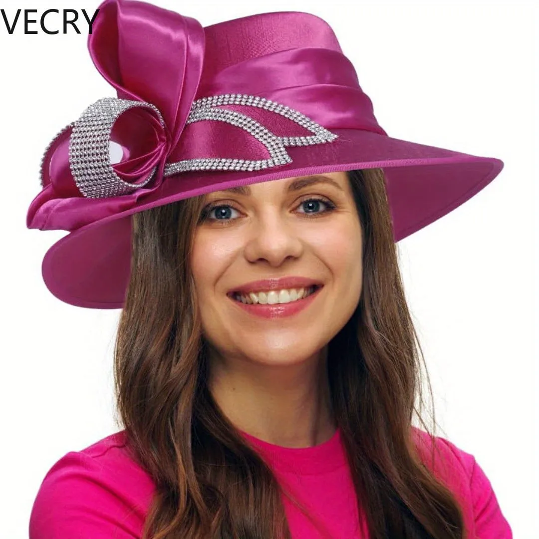 Women's Satin Church Derby Hat with Rhinestones – Elegant Headwear for Special Occasions