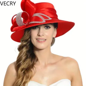 Women's Satin Church Derby Hat with Rhinestones – Elegant Headwear for Special Occasions
