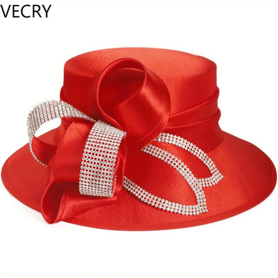 Women's Satin Church Derby Hat with Rhinestones – Elegant Headwear for Special Occasions