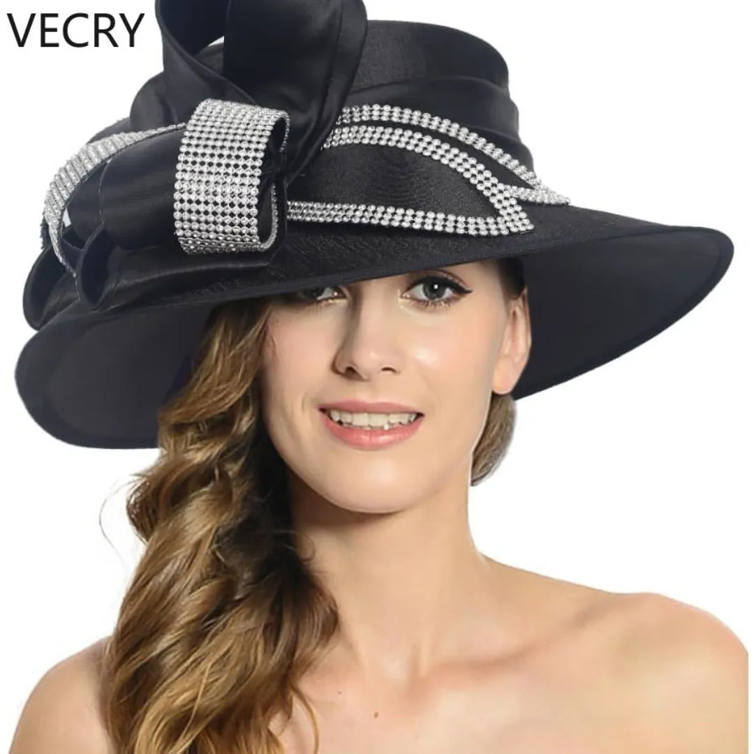 Women's Satin Church Derby Hat with Rhinestones – Elegant Headwear for Special Occasions
