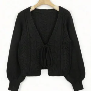 Women's Solid Black Long Sleeve Tie Front Sweater Cardigan Size Large N…
