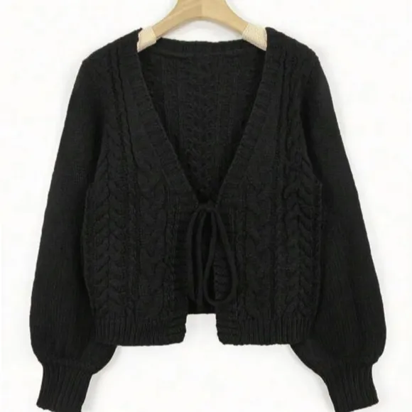 Women's Solid Black Long Sleeve Tie Front Sweater Cardigan Size Large N…