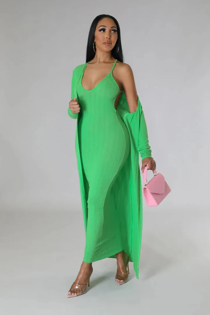 Women's Stretch X Back Long Cardigan Maxi Dress Set