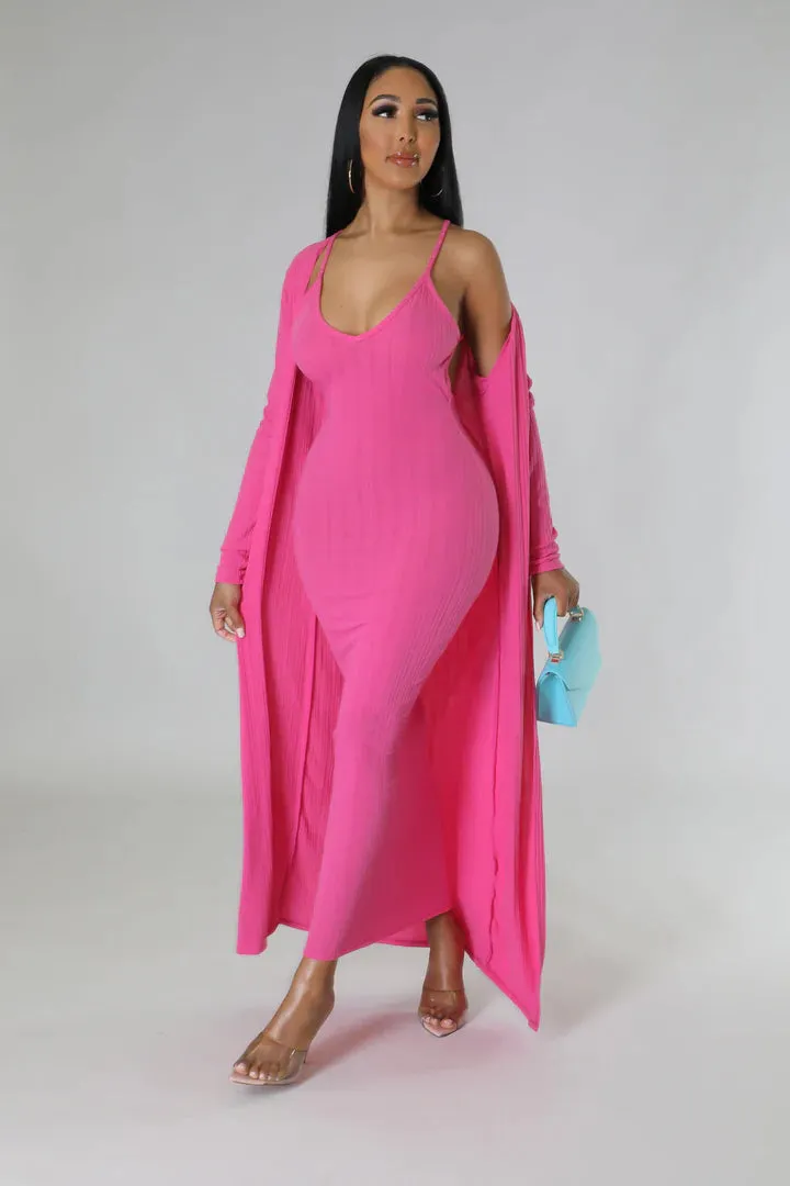 Women's Stretch X Back Long Cardigan Maxi Dress Set
