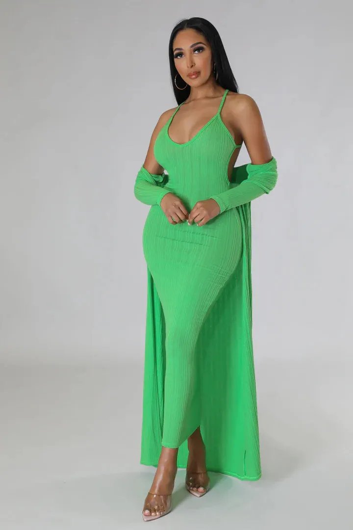 Women's Stretch X Back Long Cardigan Maxi Dress Set