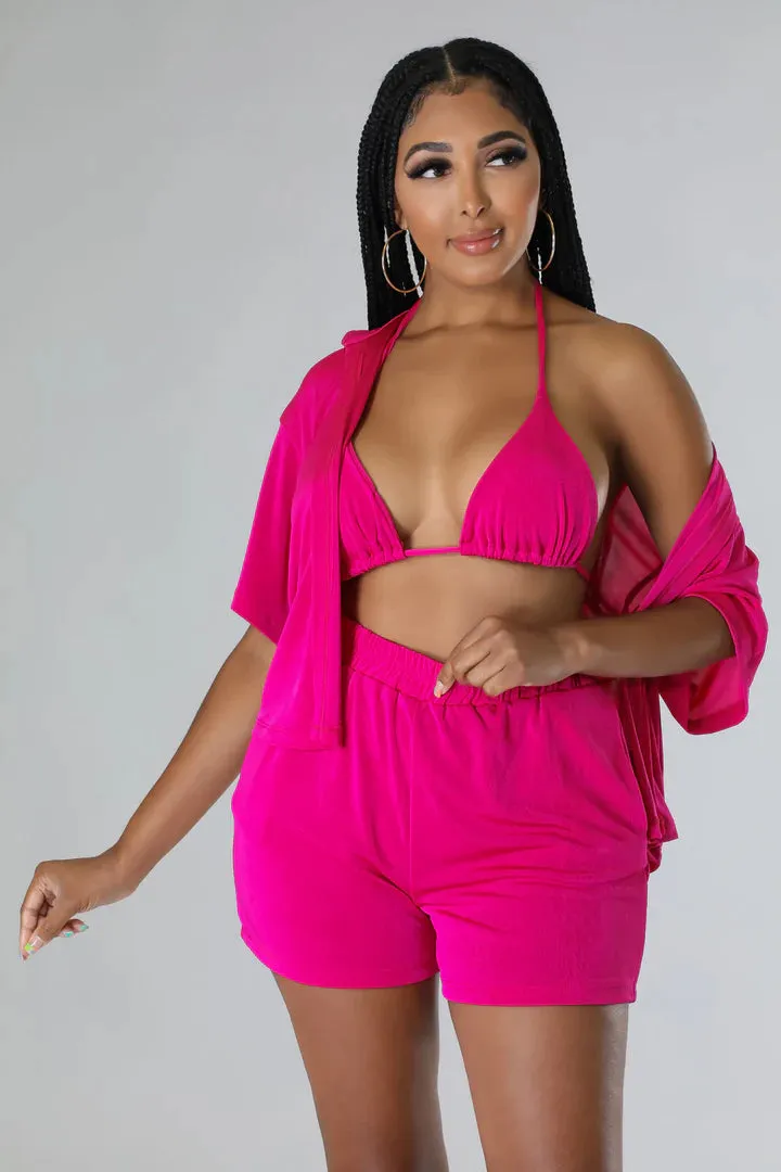 Women's Triangle Top High Waisted Summer Three Piece Short Set