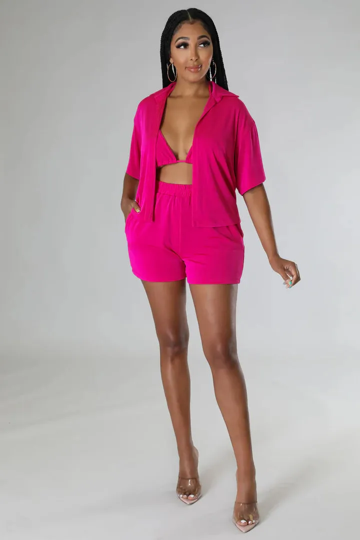 Women's Triangle Top High Waisted Summer Three Piece Short Set
