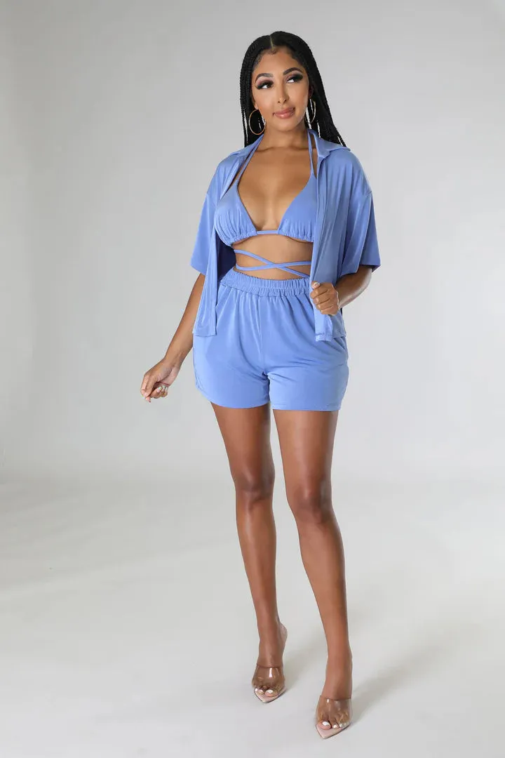 Women's Triangle Top High Waisted Summer Three Piece Short Set