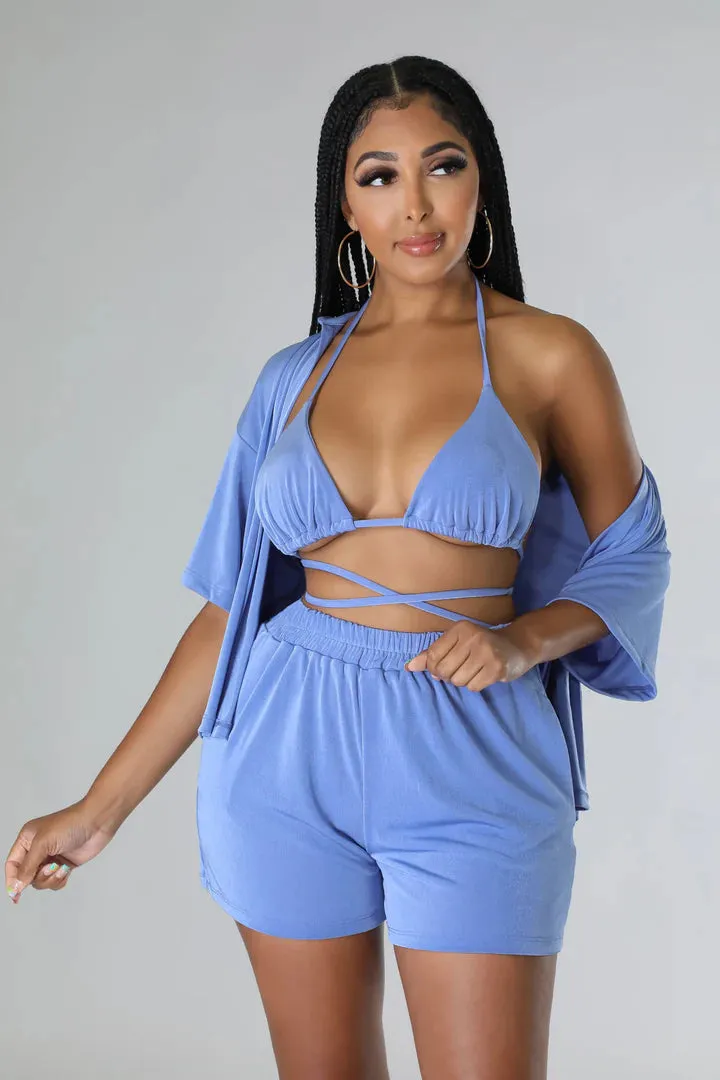Women's Triangle Top High Waisted Summer Three Piece Short Set