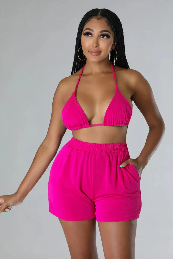 Women's Triangle Top High Waisted Summer Three Piece Short Set