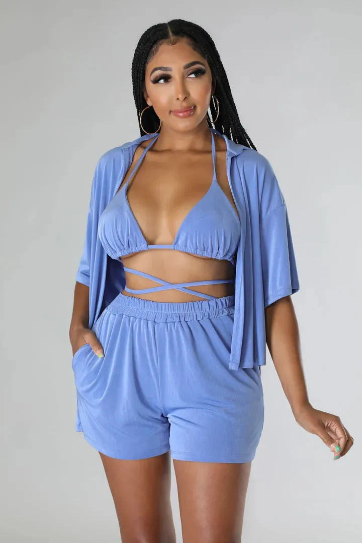 Women's Triangle Top High Waisted Summer Three Piece Short Set