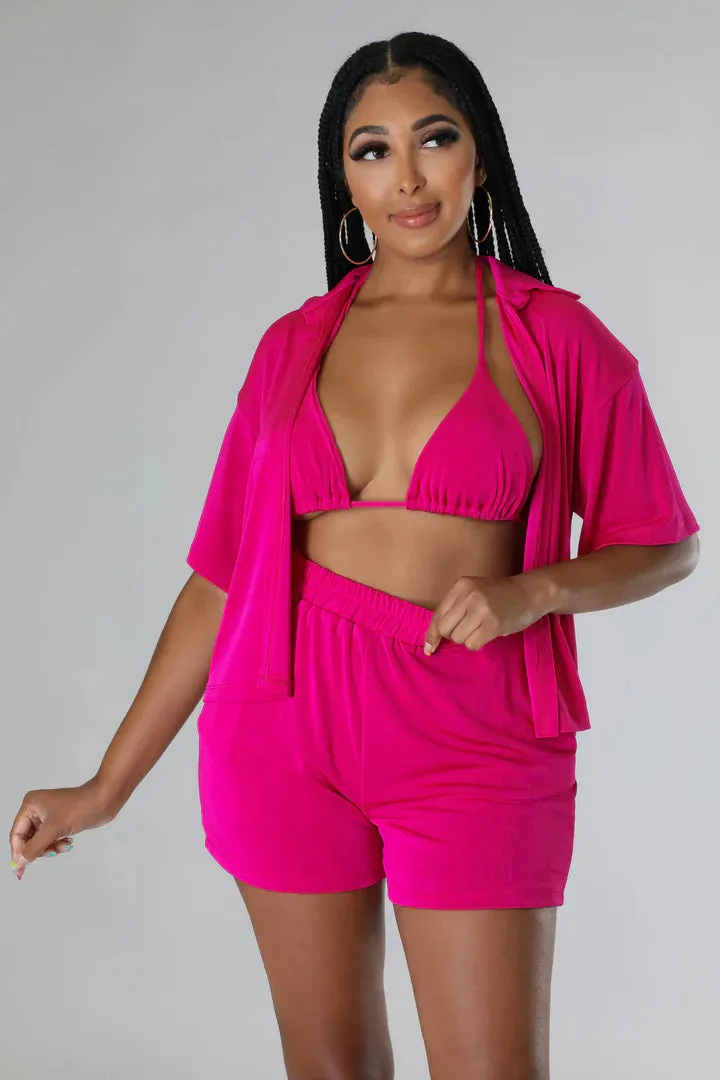 Women's Triangle Top High Waisted Summer Three Piece Short Set