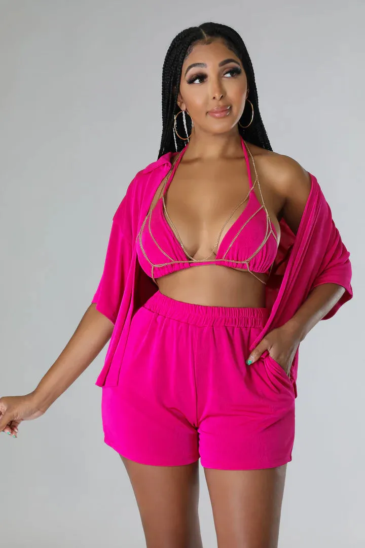 Women's Triangle Top High Waisted Summer Three Piece Short Set