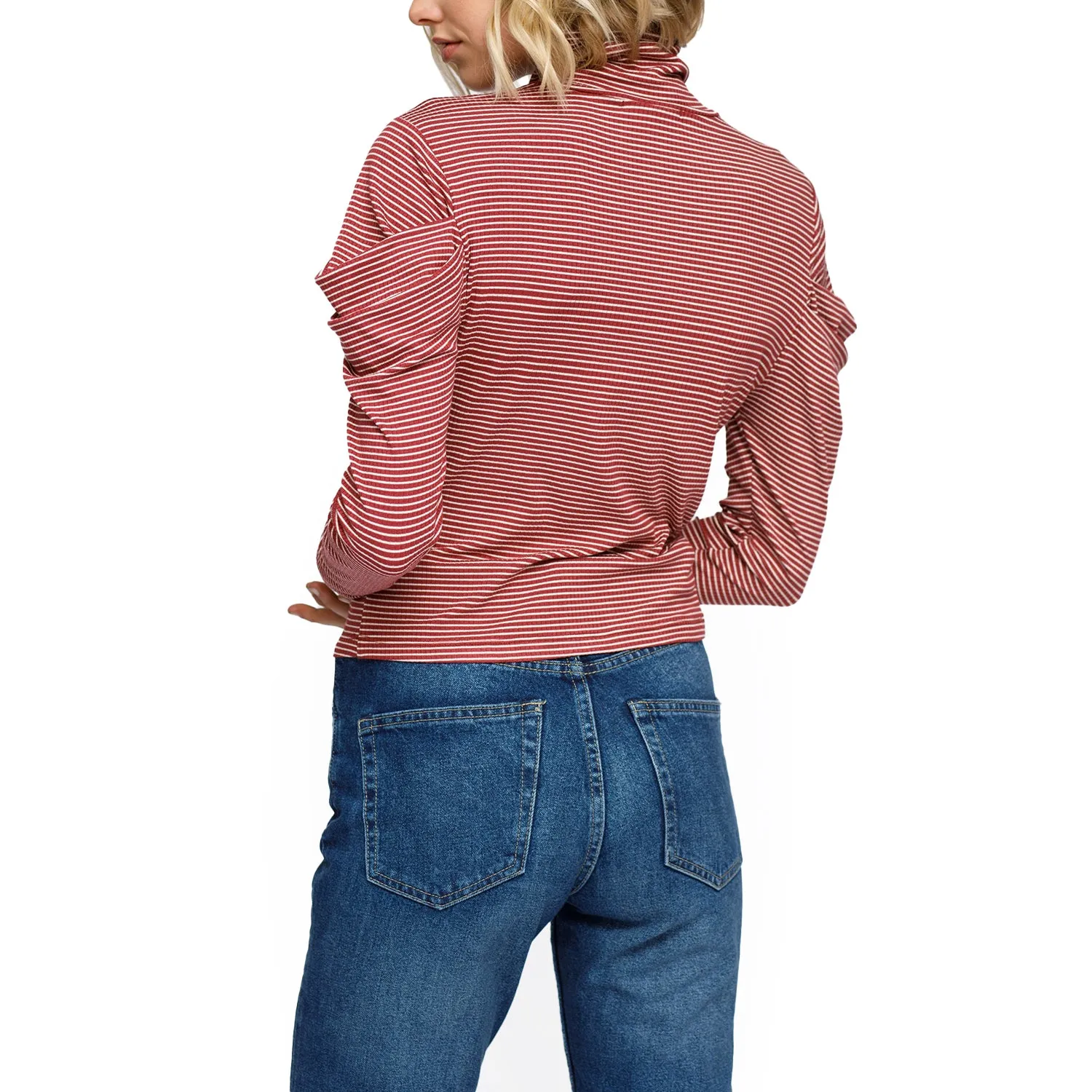 Women's Turtle Neck Puff Sleeve Stripe Knit Top In Brick