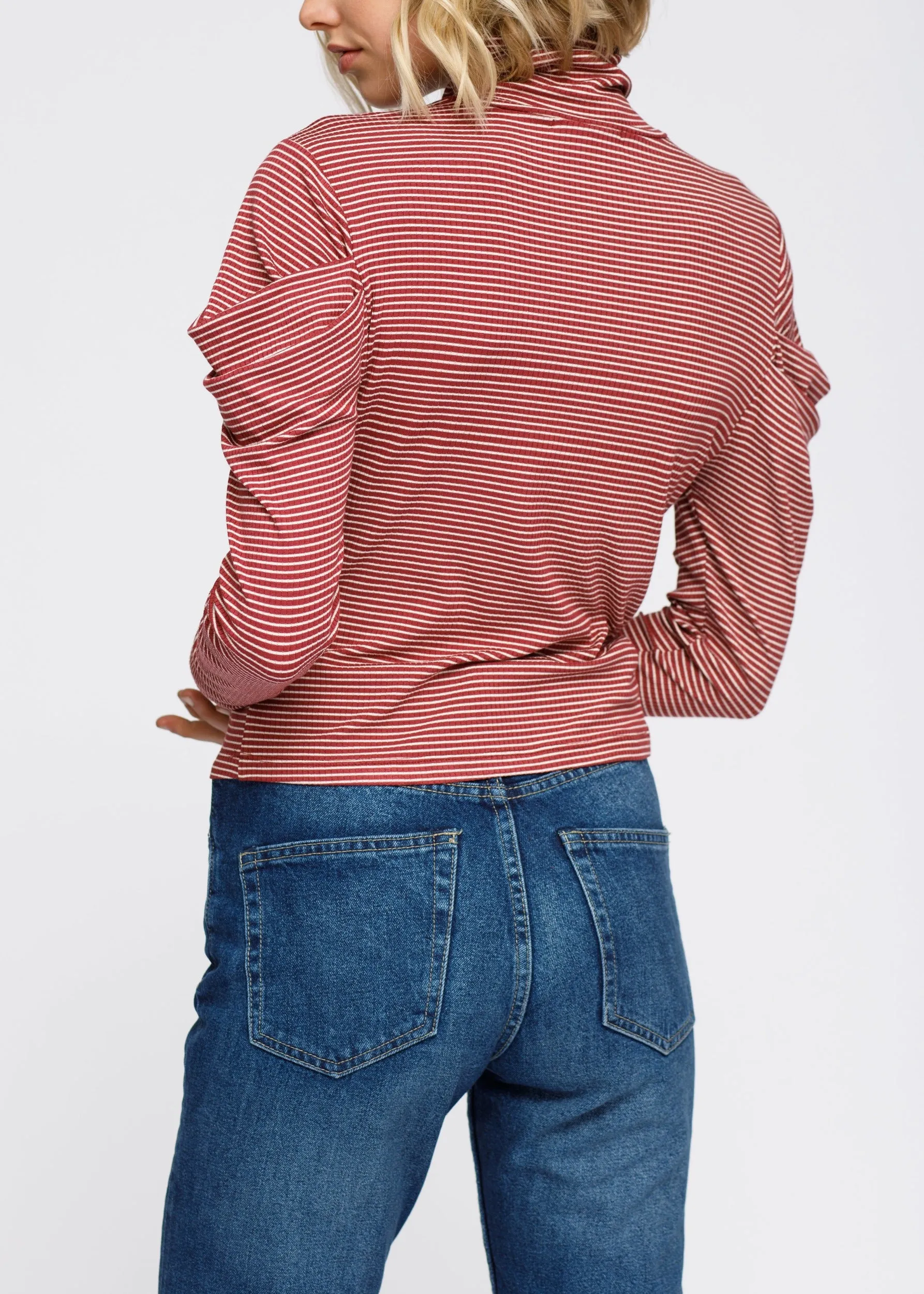 Women's Turtle Neck Puff Sleeve Stripe Knit Top In Brick