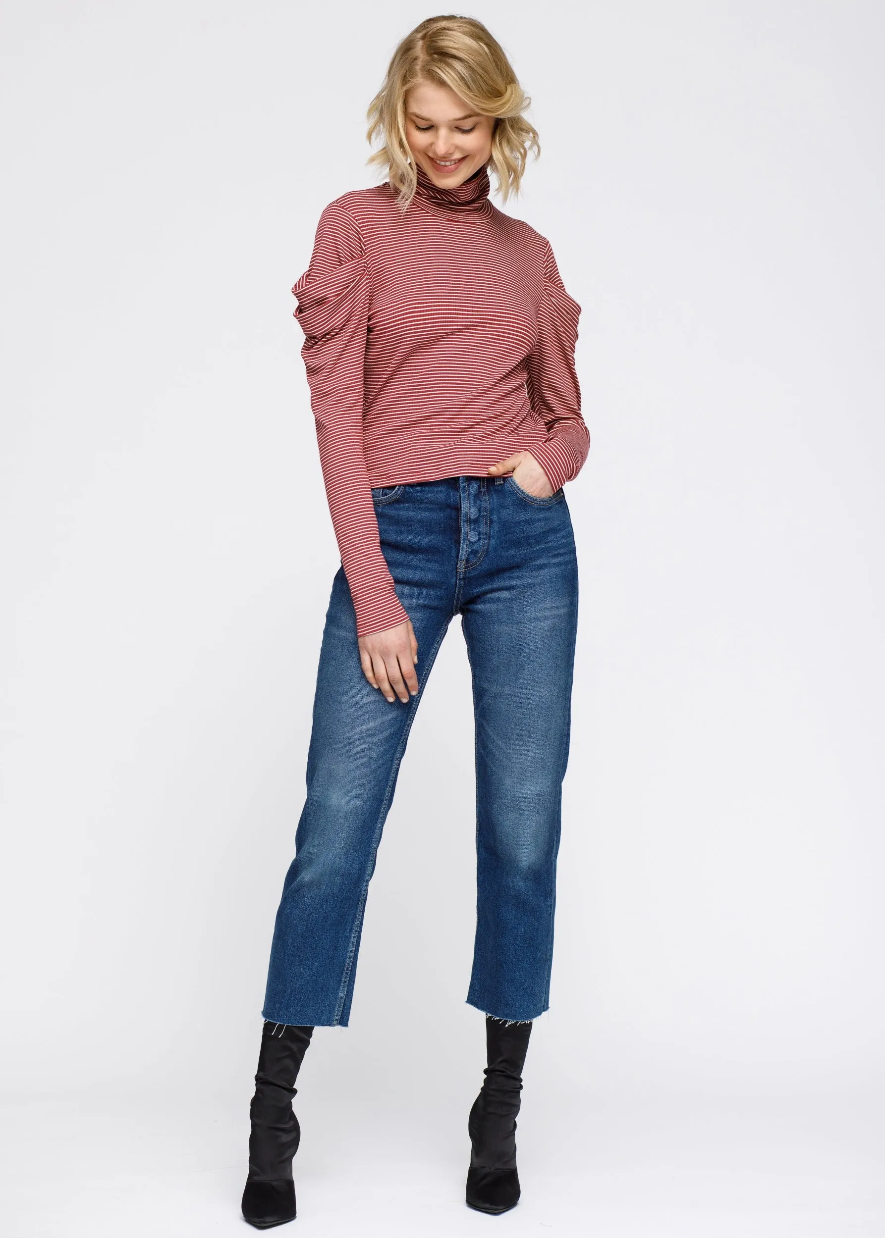 Women's Turtle Neck Puff Sleeve Stripe Knit Top In Brick