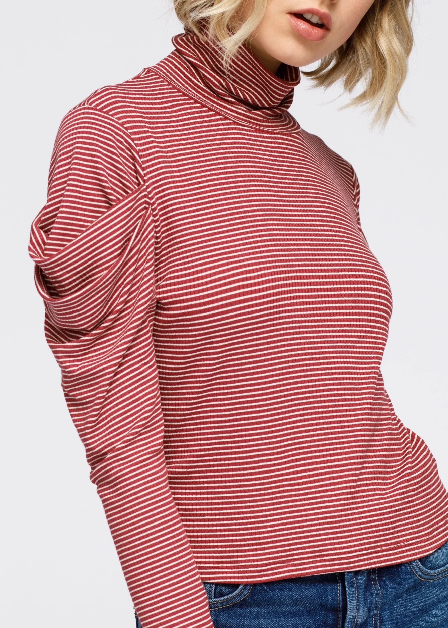 Women's Turtle Neck Puff Sleeve Stripe Knit Top In Brick
