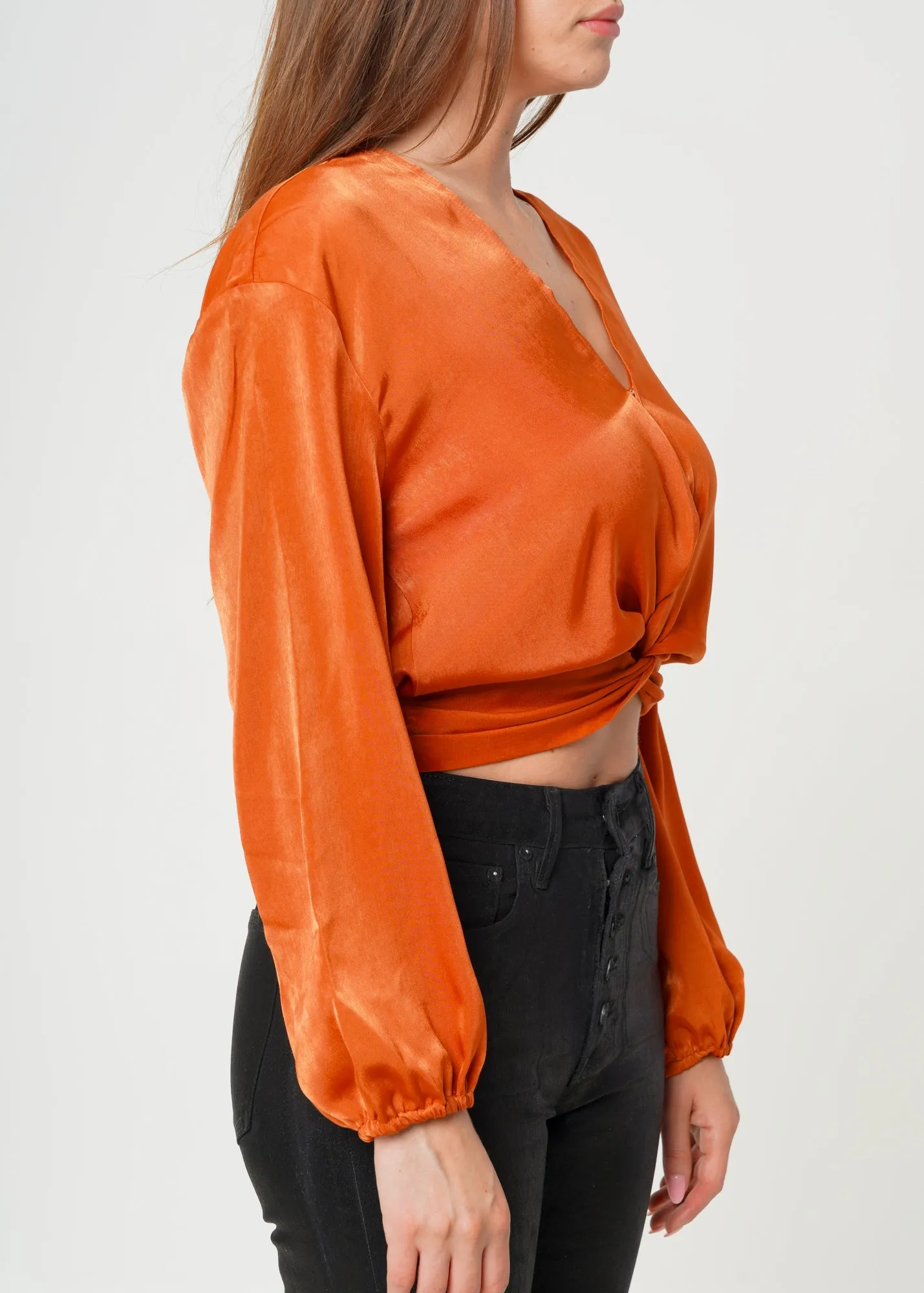 Women's Twist Front Cropped Washed Satin Top