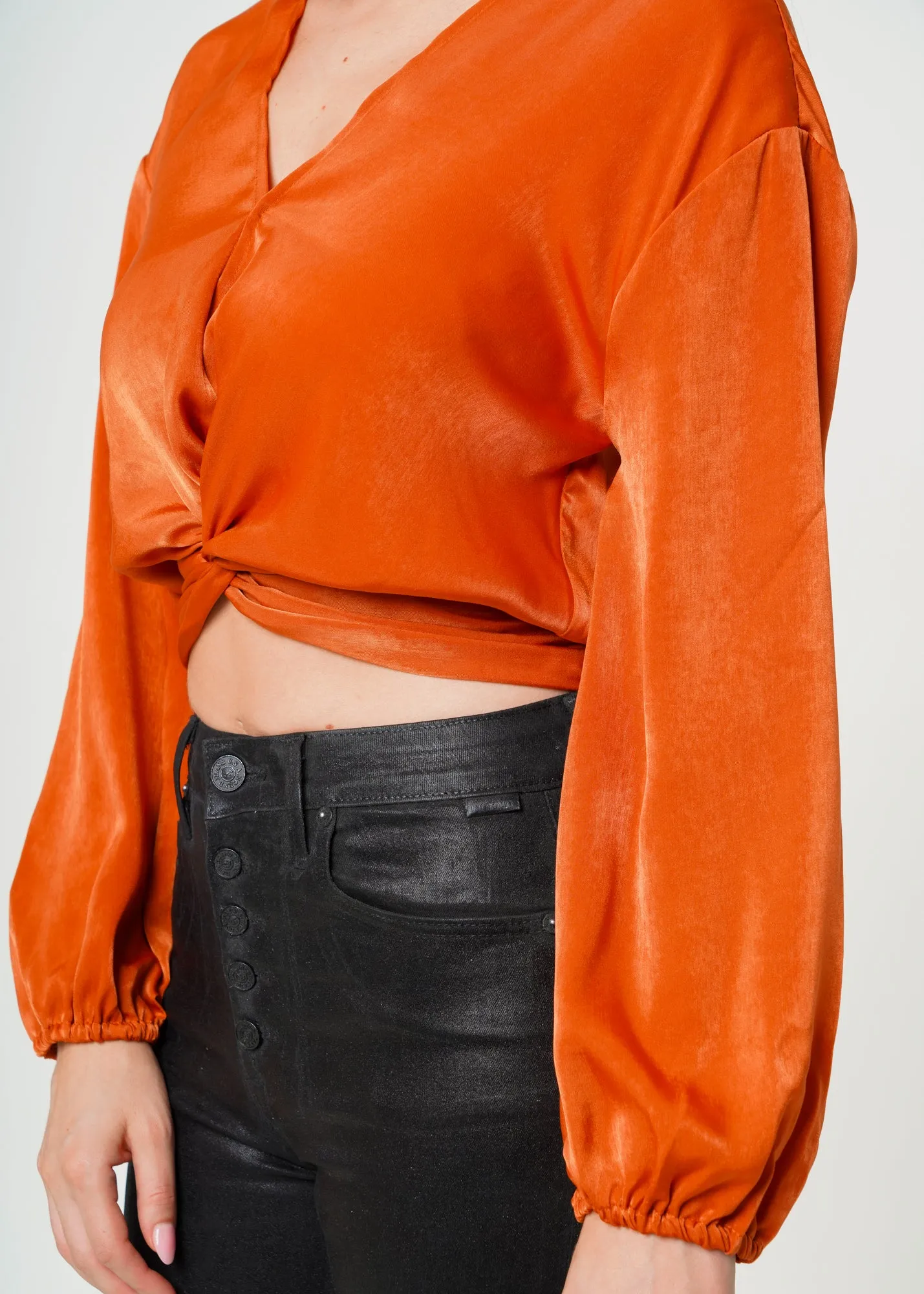 Women's Twist Front Cropped Washed Satin Top