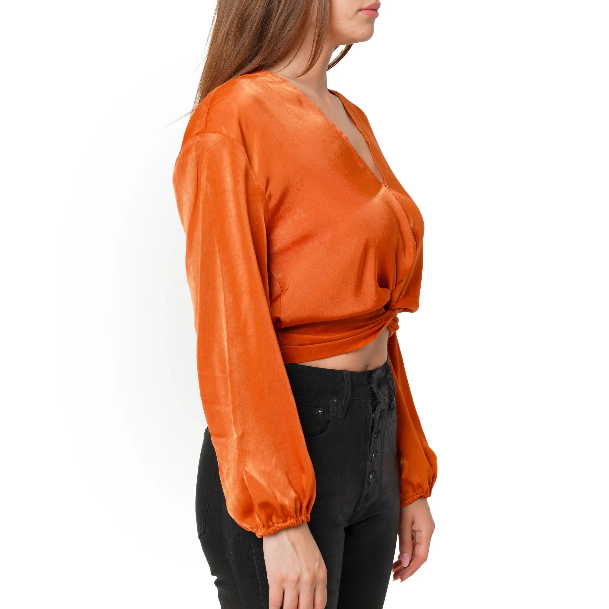 Women's Twist Front Cropped Washed Satin Top