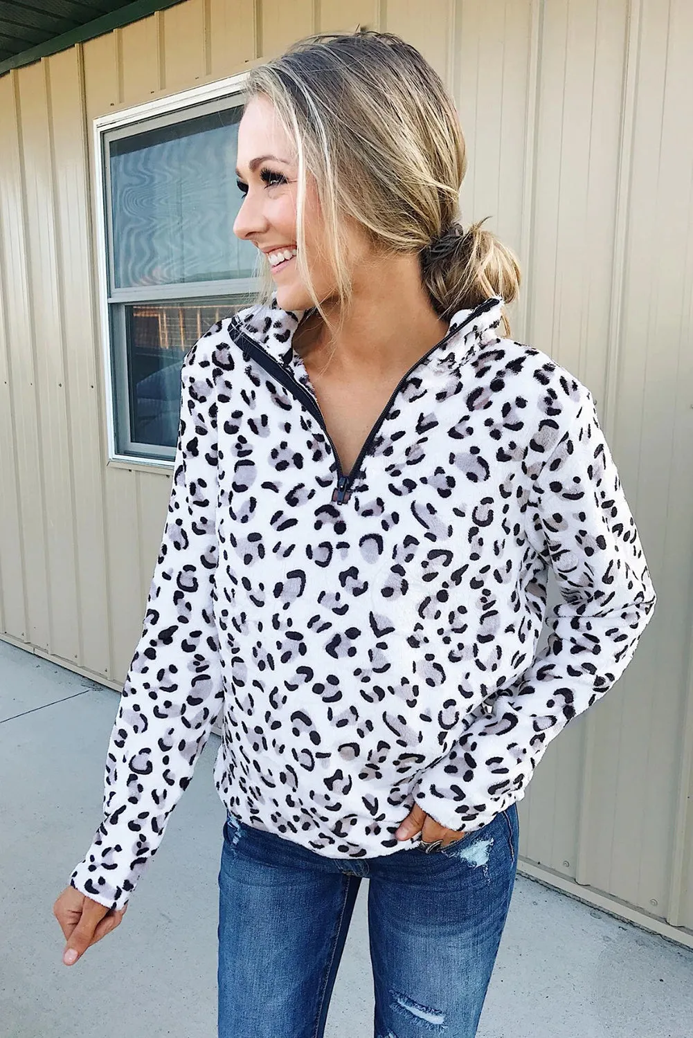 Women's Warm Quarter Zip Leopard Sherpa Pullover