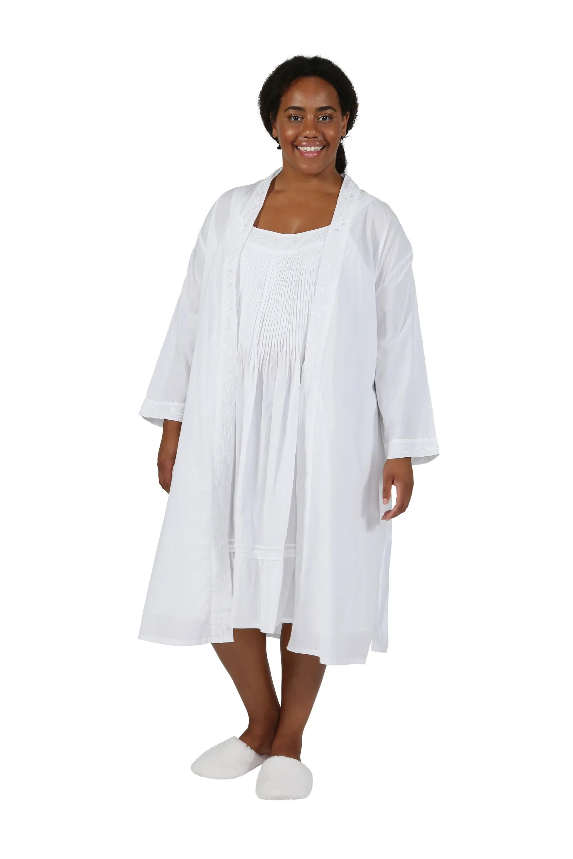 Women's White Cotton Nightgown and Robe Set