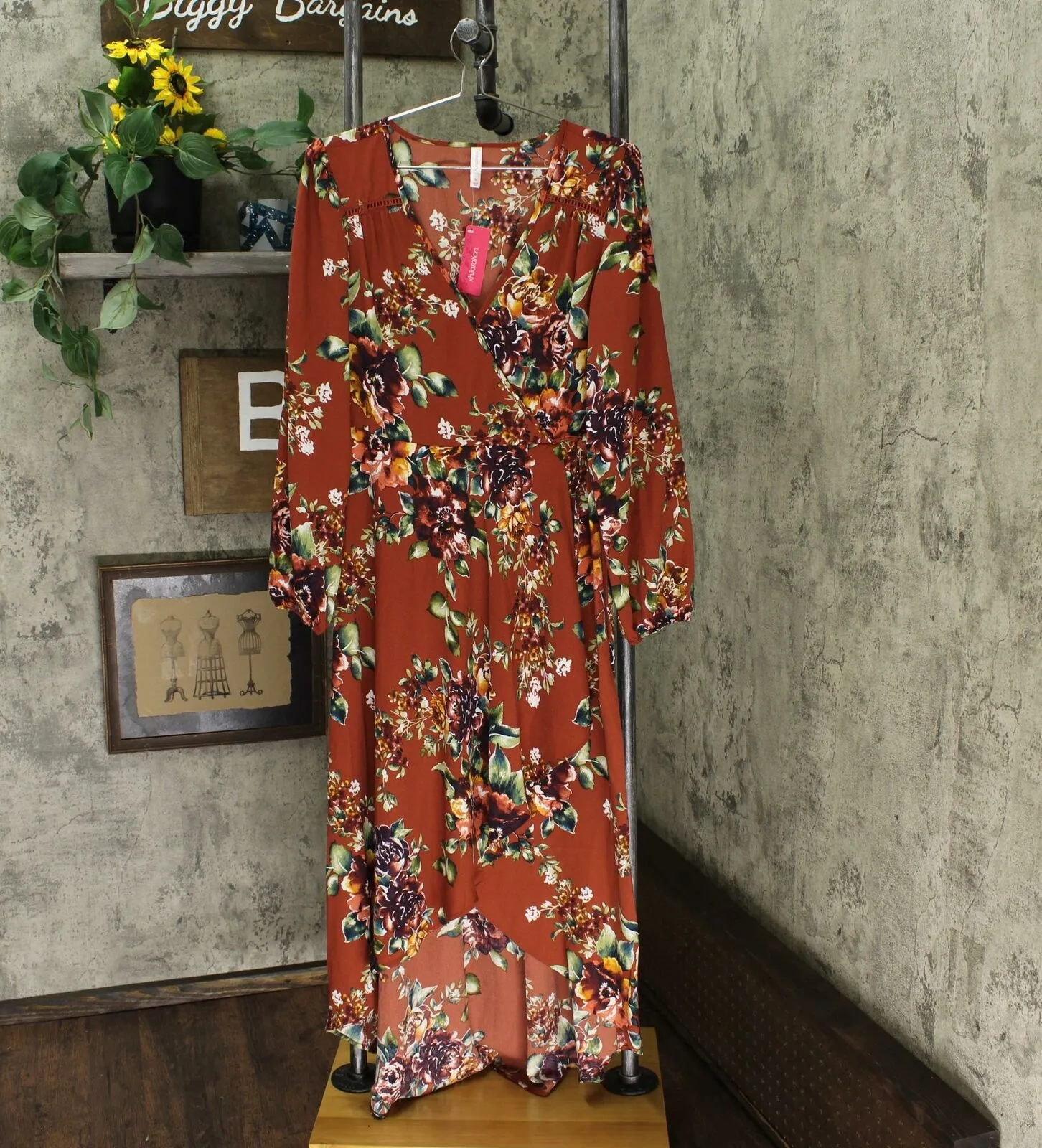 Xhilaration Women's Floral Long Sleeve Deep V-Neck High Low Wrap Midi Dress