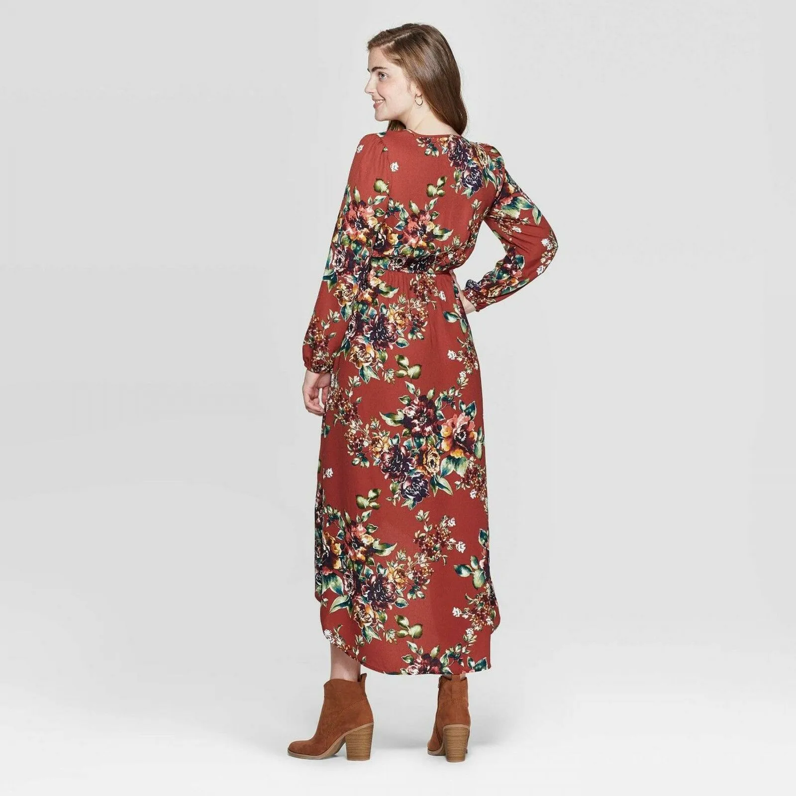Xhilaration Women's Floral Long Sleeve Deep V-Neck High Low Wrap Midi Dress