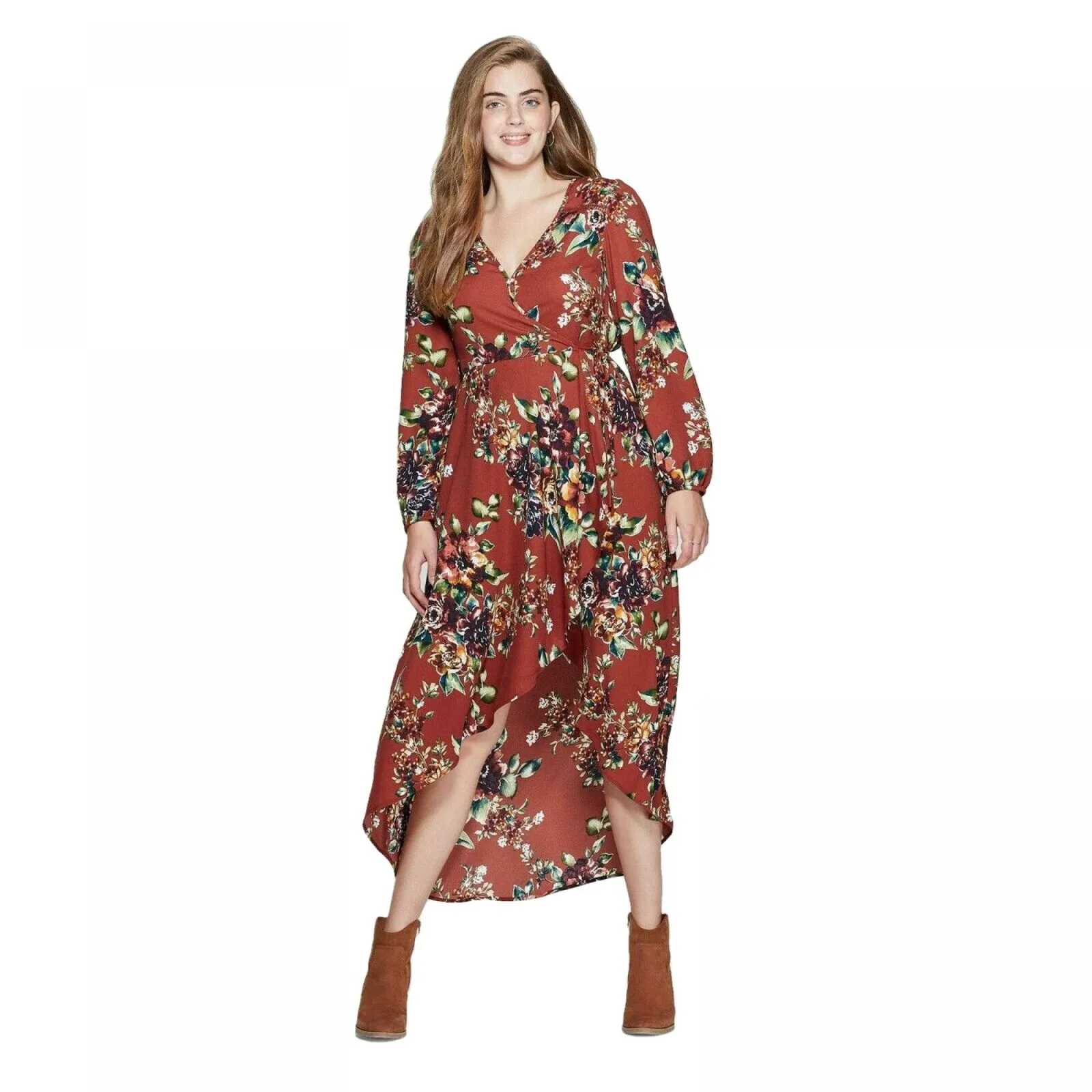 Xhilaration Women's Floral Long Sleeve Deep V-Neck High Low Wrap Midi Dress