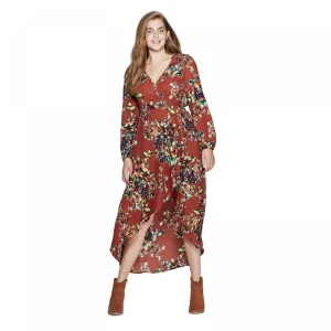 Xhilaration Women's Floral Long Sleeve Deep V-Neck High Low Wrap Midi Dress