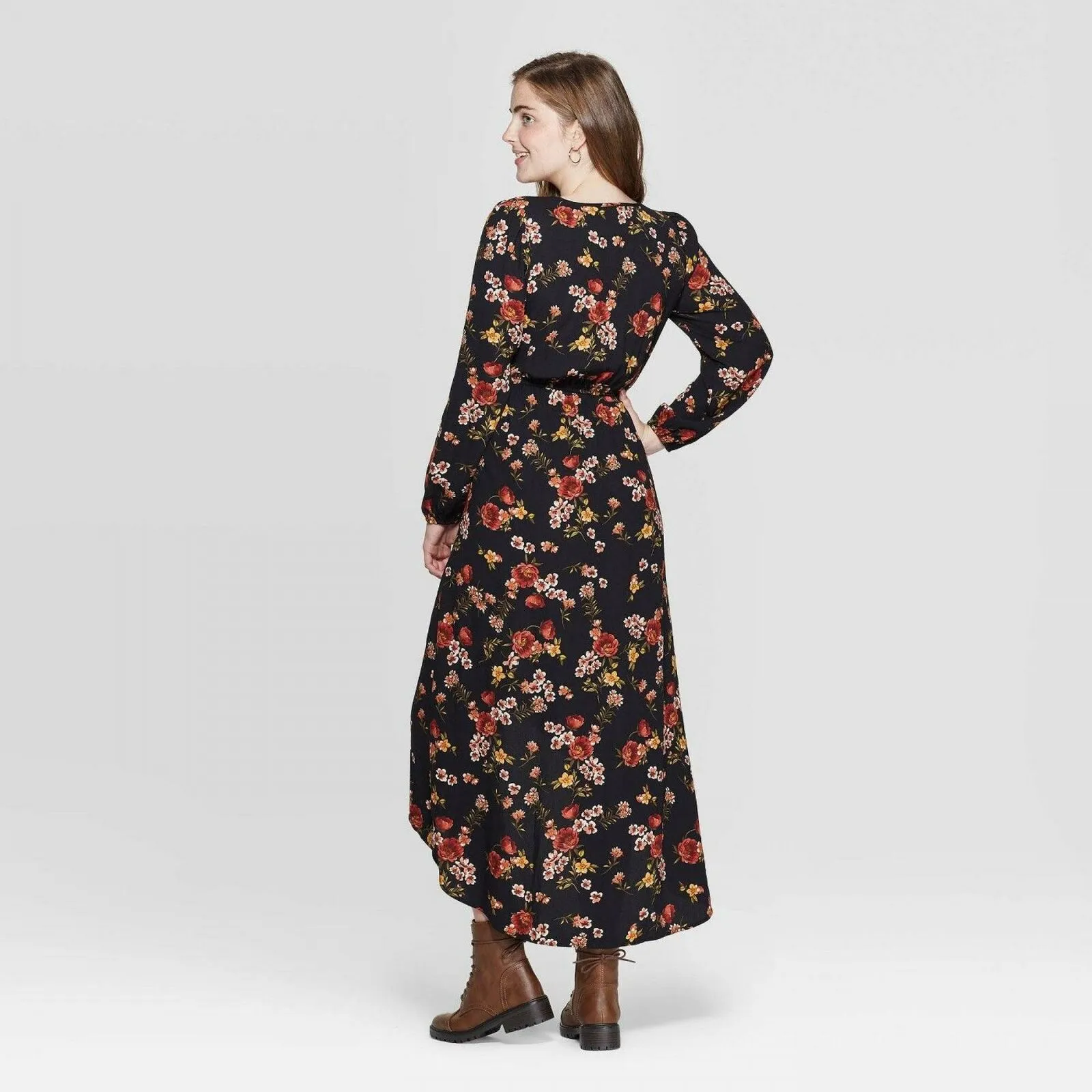 Xhilaration Women's Floral Long Sleeve Deep V-Neck High Low Wrap Midi Dress