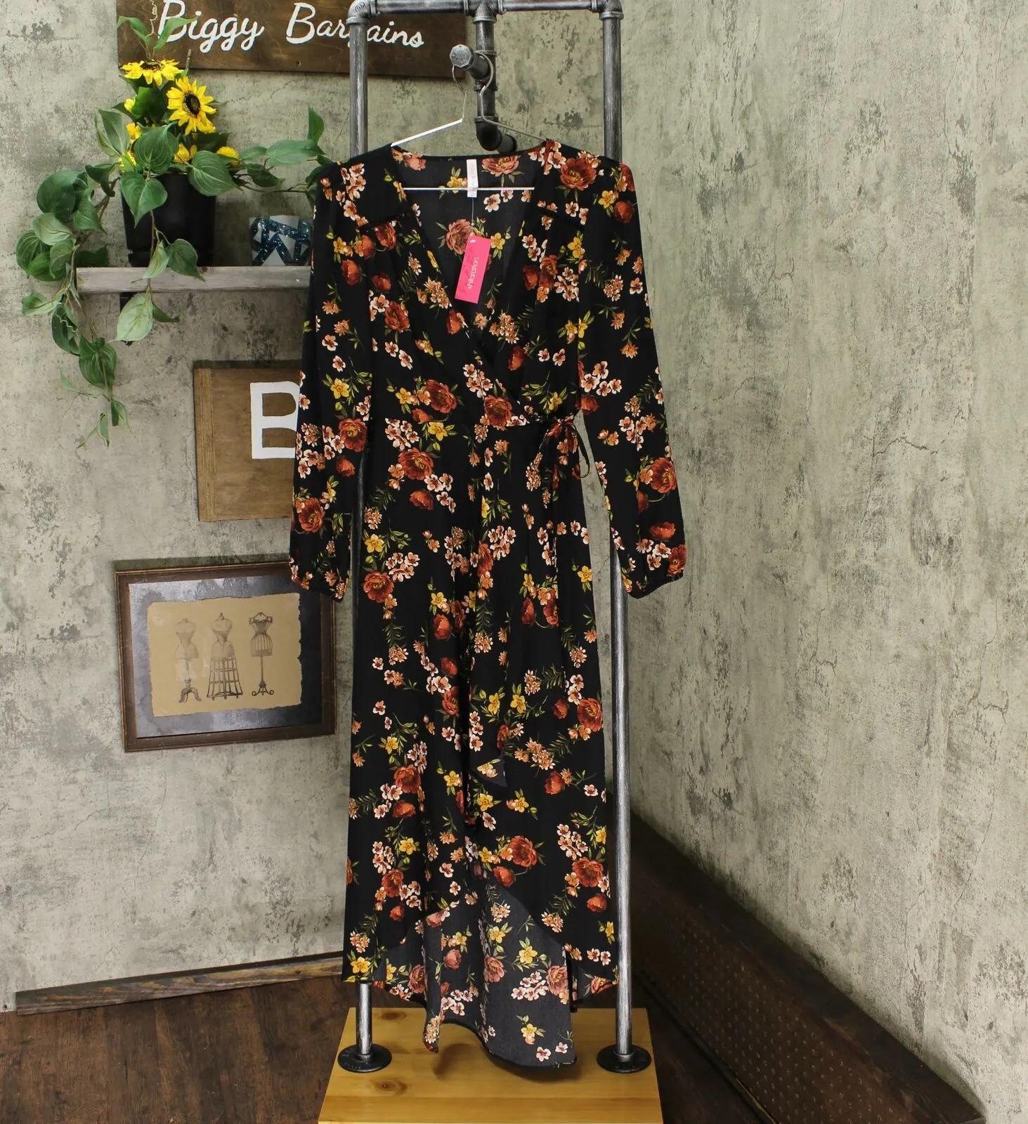 Xhilaration Women's Floral Long Sleeve Deep V-Neck High Low Wrap Midi Dress