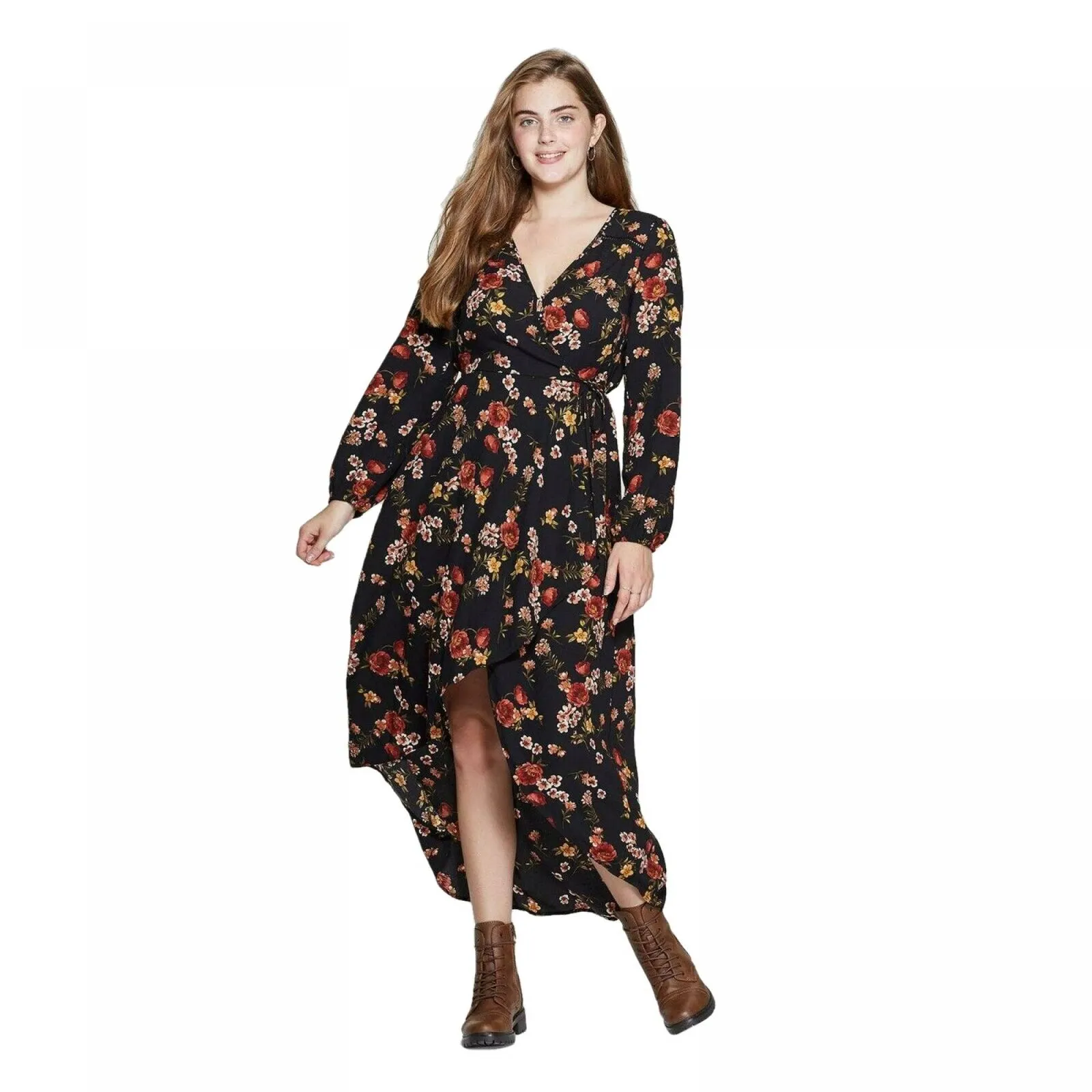 Xhilaration Women's Floral Long Sleeve Deep V-Neck High Low Wrap Midi Dress