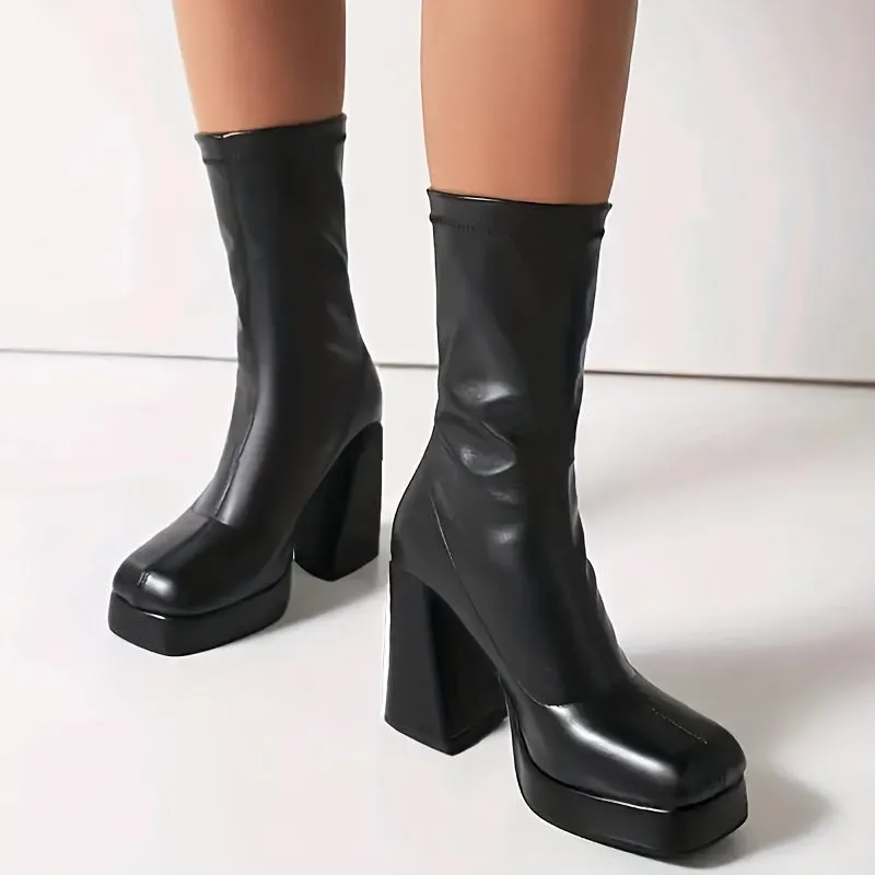 xieyinshe  Women's Block Heeled Mid Calf Boots, Fashion Square Toe Platform High Heels, Stretch Pull On Boots