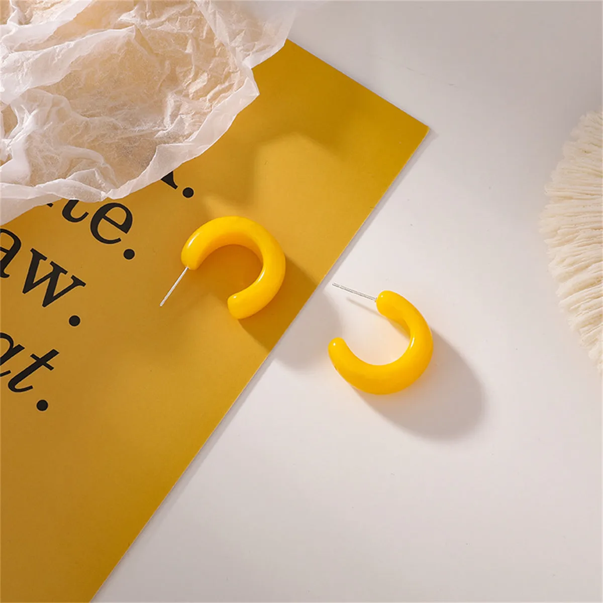 Yellow & Silver-Plated Half Hoop Earrings