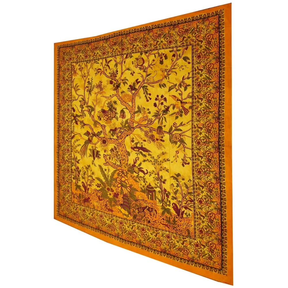 Yellow Tree of Life Birds Tapestry Colorful Indian Wall Decor