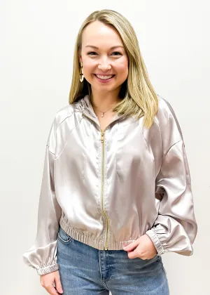 Zip-up Cropped Jacket with Hoodie - Warm Silver